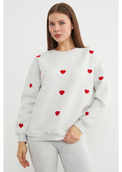 3 Iplik Kalp Nakışlı Oversize Sweatshirt