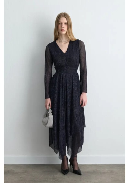 Asimetrik Kesim V Yakalı Simli Abiye Elbise - Lacivert