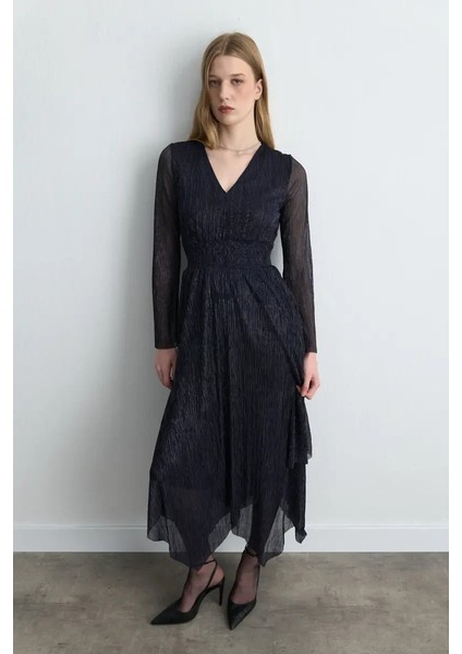 Asimetrik Kesim V Yakalı Simli Abiye Elbise - Lacivert fiyatları