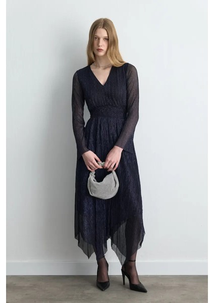 Asimetrik Kesim V Yakalı Simli Abiye Elbise - Lacivert modelleri