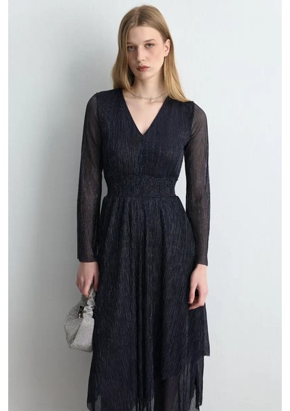 Asimetrik Kesim V Yakalı Simli Abiye Elbise - Lacivert fırsatları