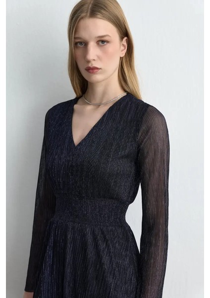 Asimetrik Kesim V Yakalı Simli Abiye Elbise - Lacivert indirimleri