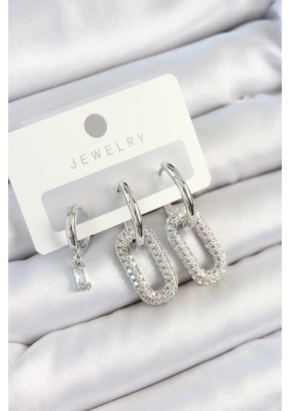 Pirinç Zirkon Taşlı Dikdörtgen Model Gümüş Renk 3'lü Çift Kadın Küpe Set - TJ-BKP10796