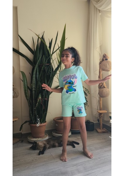 Kız Çocuk Şortlu Takım Stitchli Mor, Yeşil