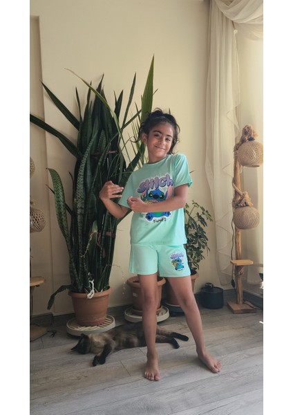 Kız Çocuk Şortlu Takım Stitchli Mor, Yeşil