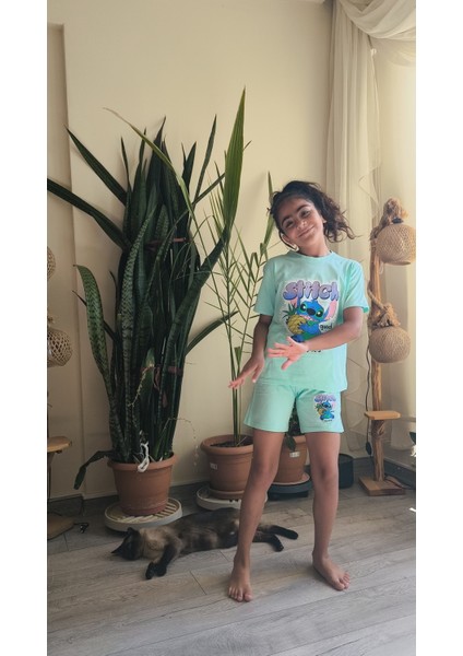 Kız Çocuk Şortlu Takım Stitchli Mor, Yeşil