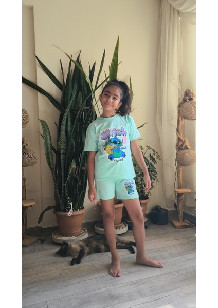 Kız Çocuk Şortlu Takım Stitchli Mor, Yeşil