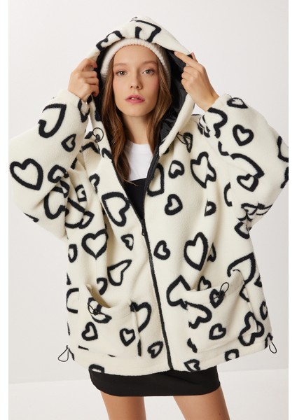 Kapüşonlu Kalpli Oversize Peluş Mont LCI0058 Ekru