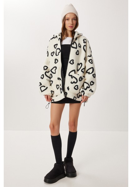 Kapüşonlu Kalpli Oversize Peluş Mont LCI0058 Ekru fiyatları