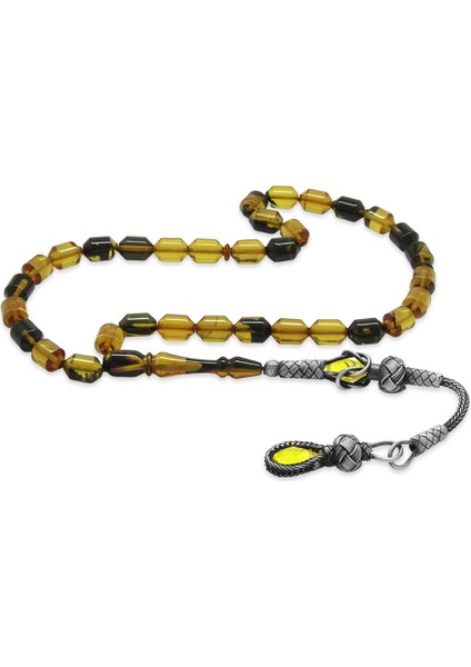 1000 Ayar Gümüş Kazaz Püsküllü Uçlu Kapsül Kesim Sarı Siyah Ateş Kehribar Tesbih