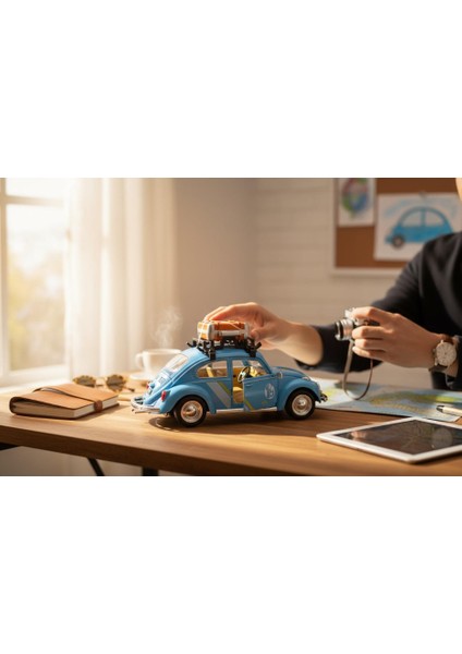 Klasik Işıklı Sesli Metal Araba - Mavi Valizli Retro Beetle - 15 cm