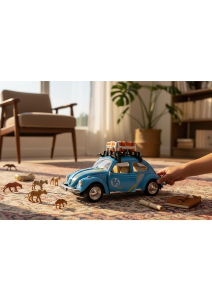 Klasik Işıklı Sesli Metal Araba - Mavi Valizli Retro Beetle - 15 cm modelleri