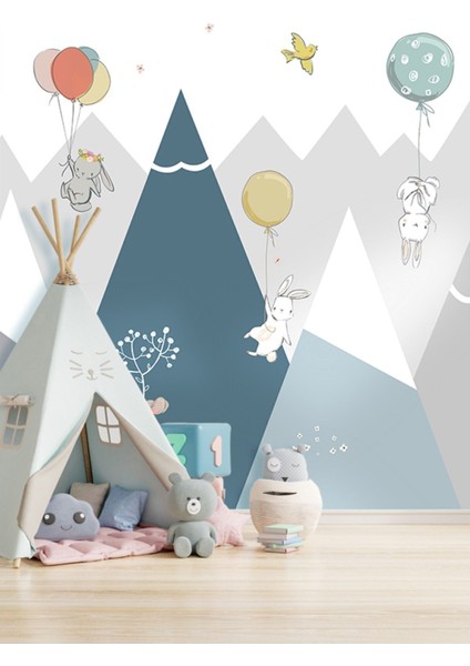 Uçan Balon ve Hayvanlar Desenli Silinebilir Tekstil Duvar Kağıdı