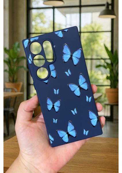 Samsung Galaxy S24 Ultra - Mavi Kelebek Desenli Silikon Darbe Emici Klasik Korumalı Rubber Kılıf