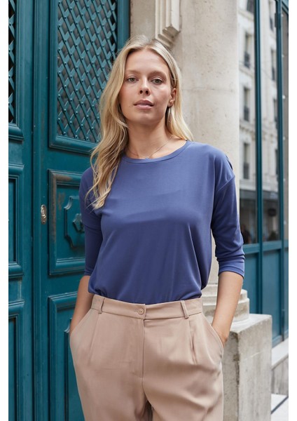 Kadın Kaliteli Modal Esnek Kumaş Geniş Sıfır Yaka Kapri Truvakar Kol Hafif Salaş Bluz-Indigo