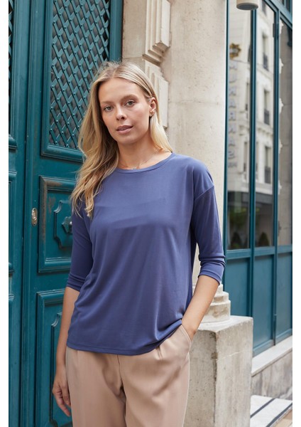 Kadın Kaliteli Modal Esnek Kumaş Geniş Sıfır Yaka Kapri Truvakar Kol Hafif Salaş Bluz-Indigo fiyatları