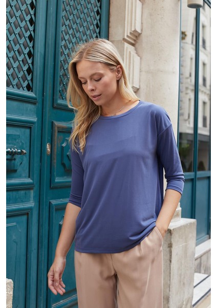 Kadın Kaliteli Modal Esnek Kumaş Geniş Sıfır Yaka Kapri Truvakar Kol Hafif Salaş Bluz-Indigo modelleri