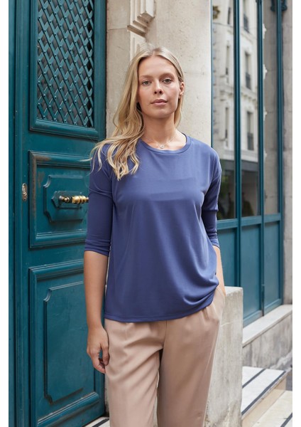 Kadın Kaliteli Modal Esnek Kumaş Geniş Sıfır Yaka Kapri Truvakar Kol Hafif Salaş Bluz-Indigo fırsatları