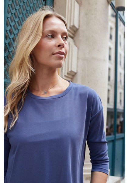 Kadın Kaliteli Modal Esnek Kumaş Geniş Sıfır Yaka Kapri Truvakar Kol Hafif Salaş Bluz-Indigo