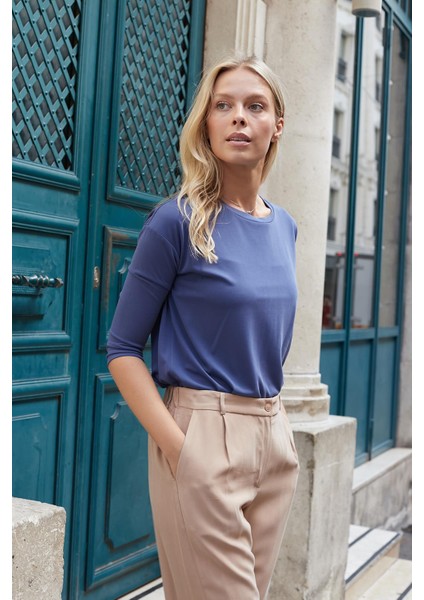 Kadın Kaliteli Modal Esnek Kumaş Geniş Sıfır Yaka Kapri Truvakar Kol Hafif Salaş Bluz-Indigo