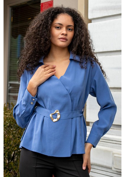 Kadın Ipeksi Dokulu Likrasız Modal Kumaş Yakalı Anvelop Kemerli Şık Bluz-Indigo modelleri