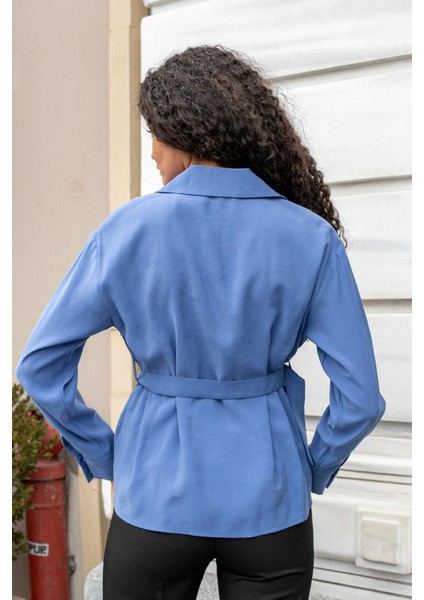 Kadın Ipeksi Dokulu Likrasız Modal Kumaş Yakalı Anvelop Kemerli Şık Bluz-Indigo fırsatları