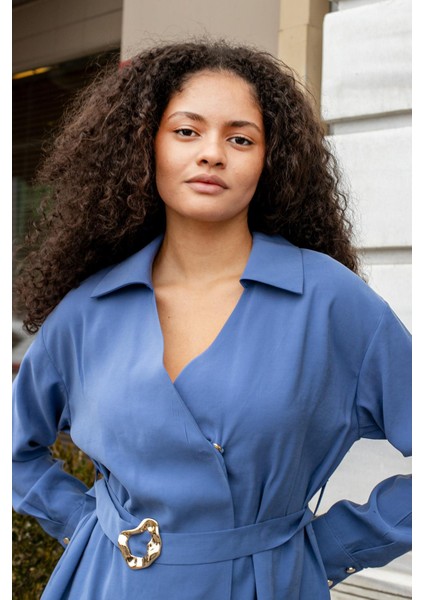 Kadın Ipeksi Dokulu Likrasız Modal Kumaş Yakalı Anvelop Kemerli Şık Bluz-Indigo indirimleri