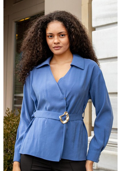 Kadın Ipeksi Dokulu Likrasız Modal Kumaş Yakalı Anvelop Kemerli Şık Bluz-Indigo