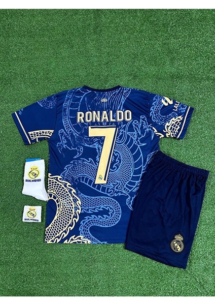 Real Madrid Cristiano Ronaldo Lacivert Dragon Desenli Çocuk Forması 4'lü Set (Armalı)