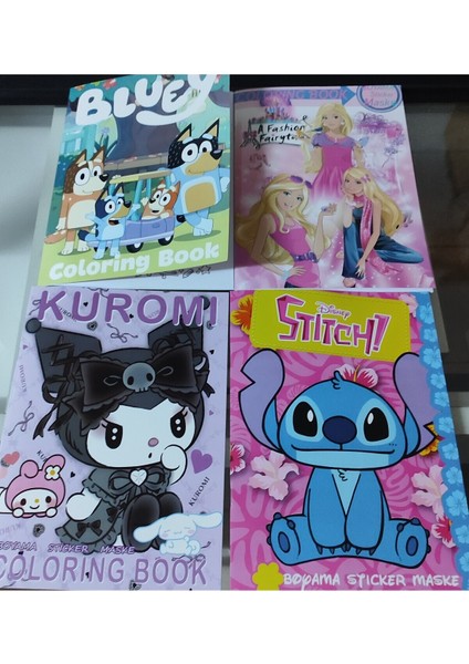 4 Adet Stickerli Boyama Kitabı (Kuromi,stitch,barbie,bluey Figürlü)