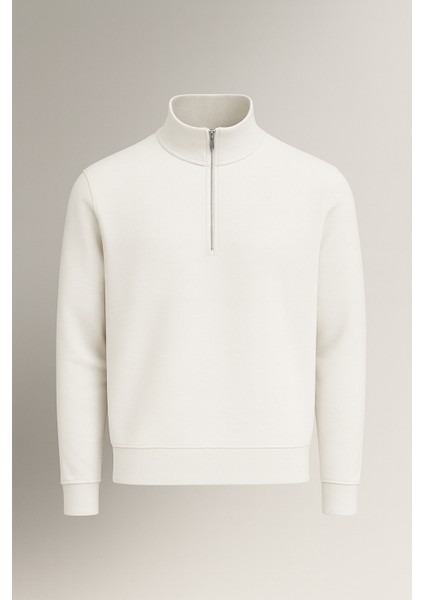 Lars Selanik Örme Kumaş Yarım Fermuar Erkek Sweatshirt - Ekru
