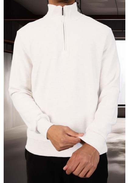 Lars Selanik Örme Kumaş Yarım Fermuar Erkek Sweatshirt - Ekru modelleri