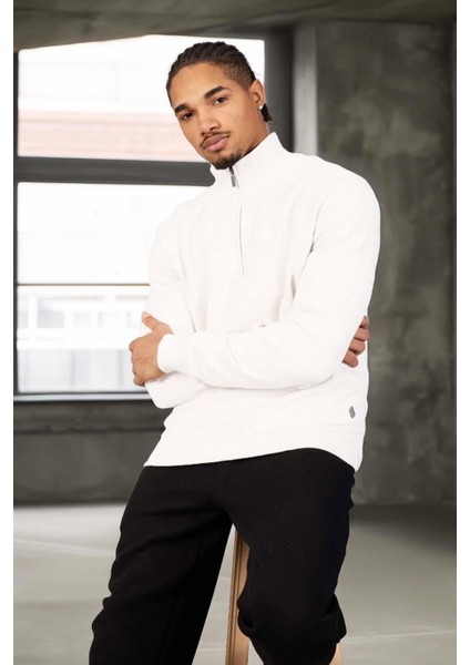 Lars Selanik Örme Kumaş Yarım Fermuar Erkek Sweatshirt - Ekru