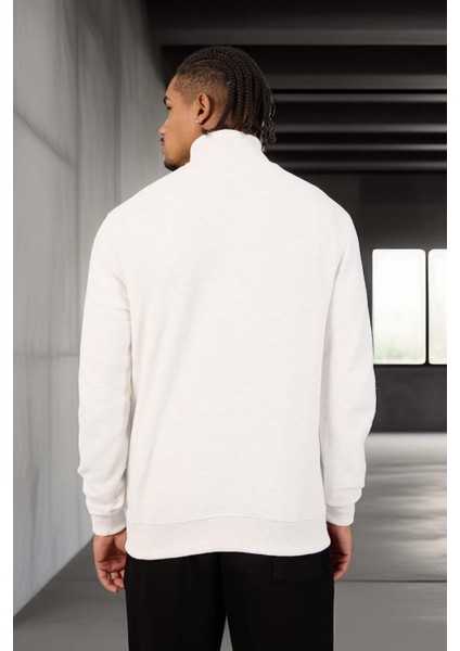 Lars Selanik Örme Kumaş Yarım Fermuar Erkek Sweatshirt - Ekru