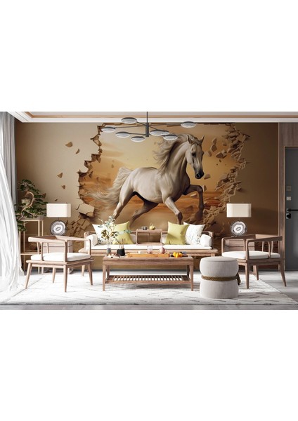Kırat Beyaz At Temalı Duvar Kumaşı -Isı ve Ses Yalıtımlı