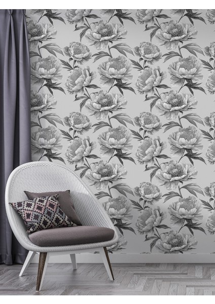 Gri Güller Desenli Tek Parça Duvar Kağıdı -Isı ve Ses Yalıtımı Yırtılmaz