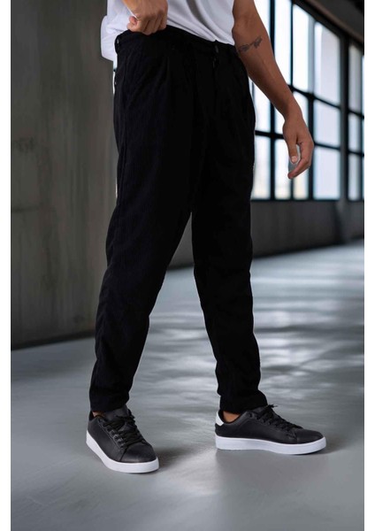 Roy Regular Fit Beli Lastikli Fitilli Kadife Kumaş Fermuarlı Jogger Erkek pantolon - Siyah indirimleri