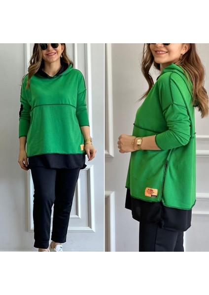 Kadın Yeşil Kapşonlu Etek Ucu Detay Arma Ters Dikiş Gorunumlu Ikili Takım