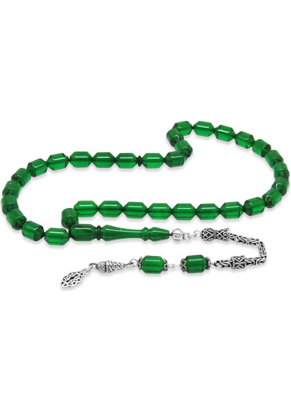925 Ayar Gümüş Kral Püsküllü Uçlu Kapsül Kesim Yeşil Ateş Kehribar Tesbih