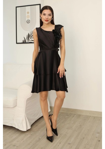 Çiçek Detaylı Saten Elbise 2371-SIYAH modelleri