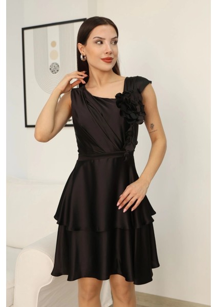 Çiçek Detaylı Saten Elbise 2371-SIYAH indirimleri