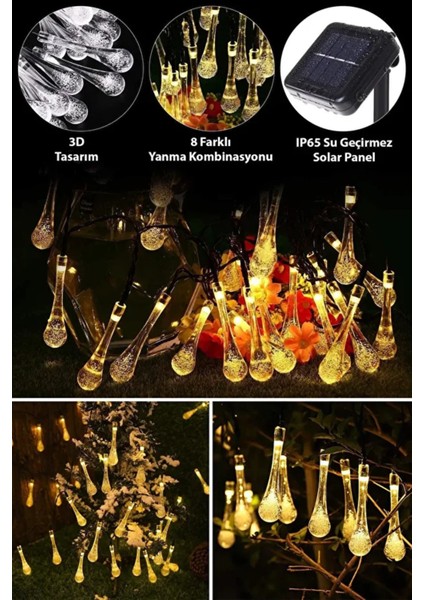 Solar Güneş Enerjili 50 LED Işıklı Su Damlası Dekorasyon Bahçe Aydınlatması (Sarı Işık)