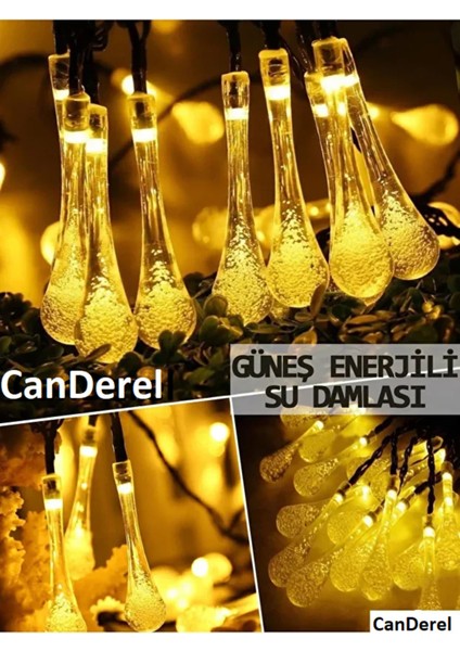 Solar Güneş Enerjili 50 LED Işıklı Su Damlası Dekorasyon Bahçe Aydınlatması (Sarı Işık)
