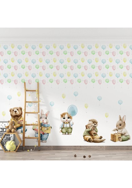 Tavşan Balonlar Çocuk Odası Duvar Kumaşı -Isı ve Ses Yalıtımlı