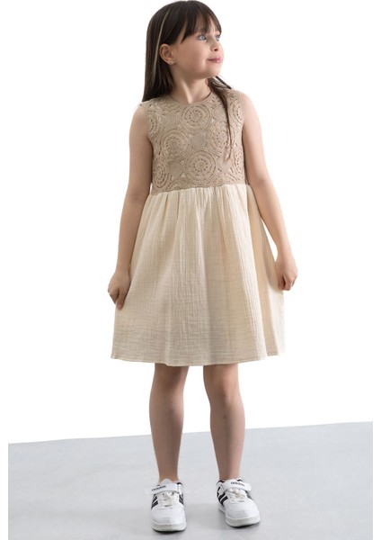 Kahverengi Dantel Işlemeli Müslin Kız Çocuk Elbise 20780 fırsatları
