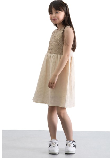 Kahverengi Dantel Işlemeli Müslin Kız Çocuk Elbise 20780 indirimleri