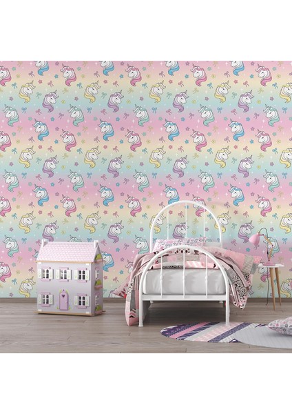 Pembe Unicorn Kız Çocuk Odası Duvar Kağıdı -Isı ve Ses Yalıtımı Yırtılmaz