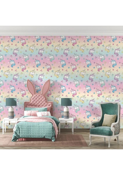 Pembe Unicorn Kız Çocuk Odası Duvar Kağıdı -Isı ve Ses Yalıtımı Yırtılmaz modelleri