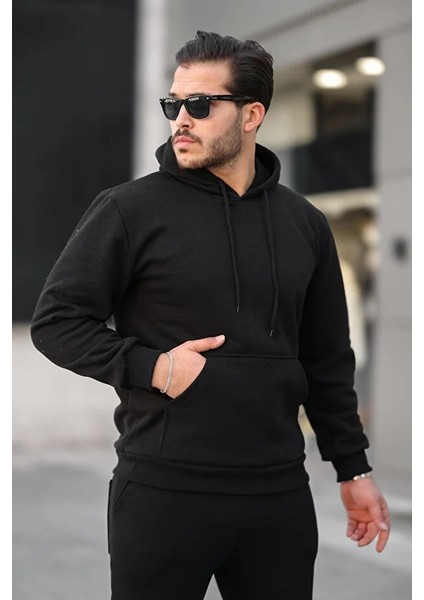 Erkek Rahat Oversize 3 Iplik Pamuklu Şardonlu Kanguru Cep Kapşonlu Sweatshirt