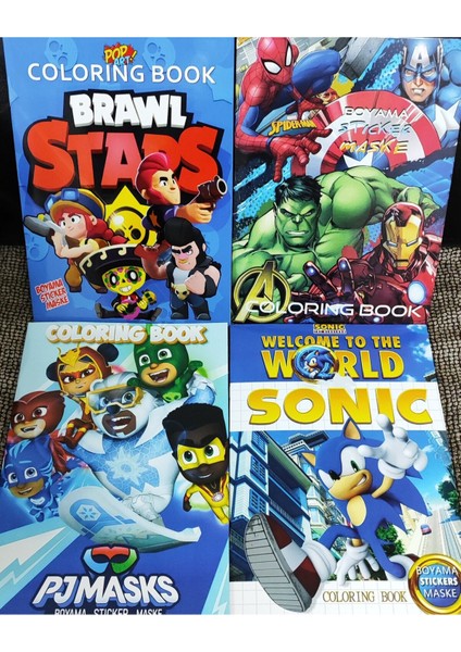 4 Adet Stickerli Boyama Kitabı (Sonic,browstar,süper Kahramanlar,pijamask Figürlü)